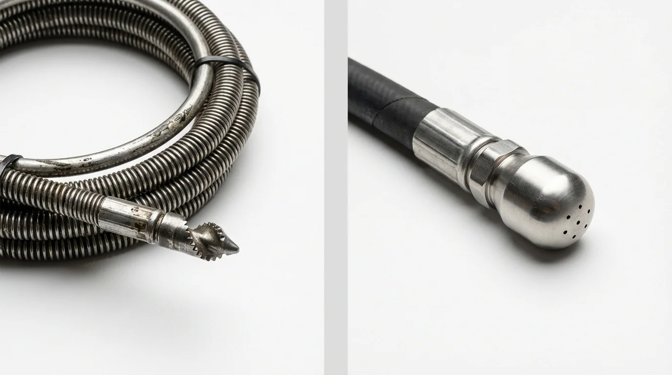 Drain snake cable and hydro jetting nozzle used for drain cleaning in Brazoria, TX