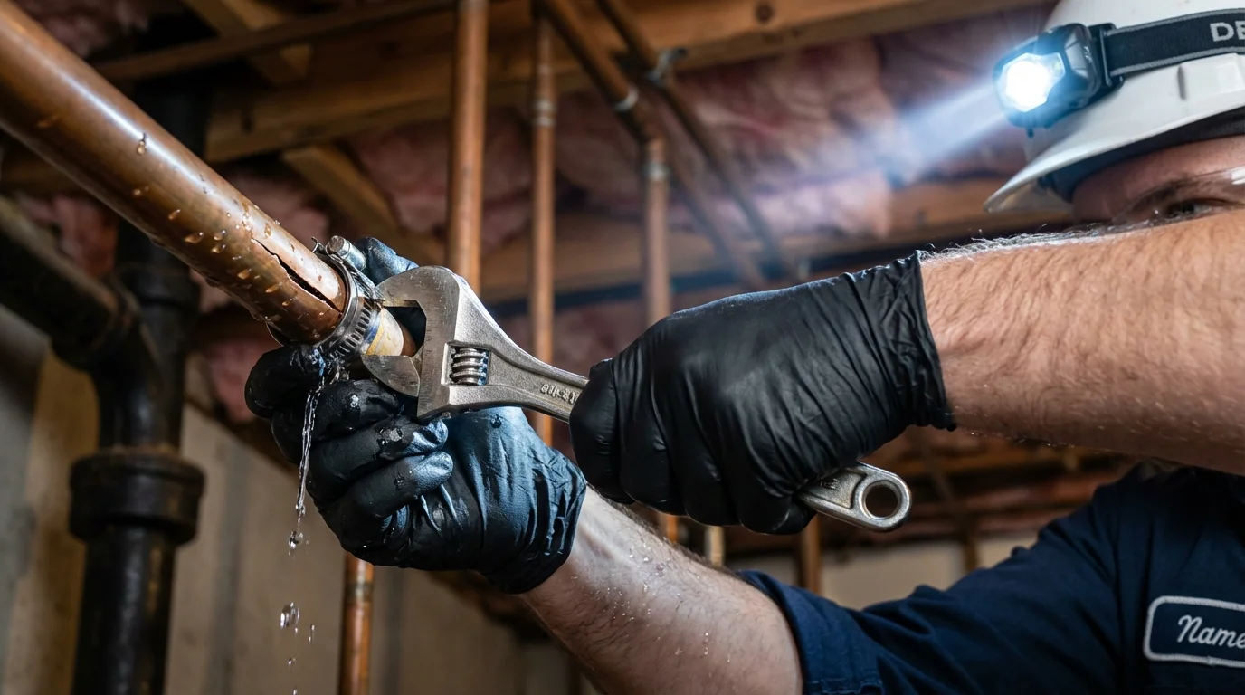 Emergency pipe clamp repair being performed by a Johns Plumbing LLC plumber in Brazoria