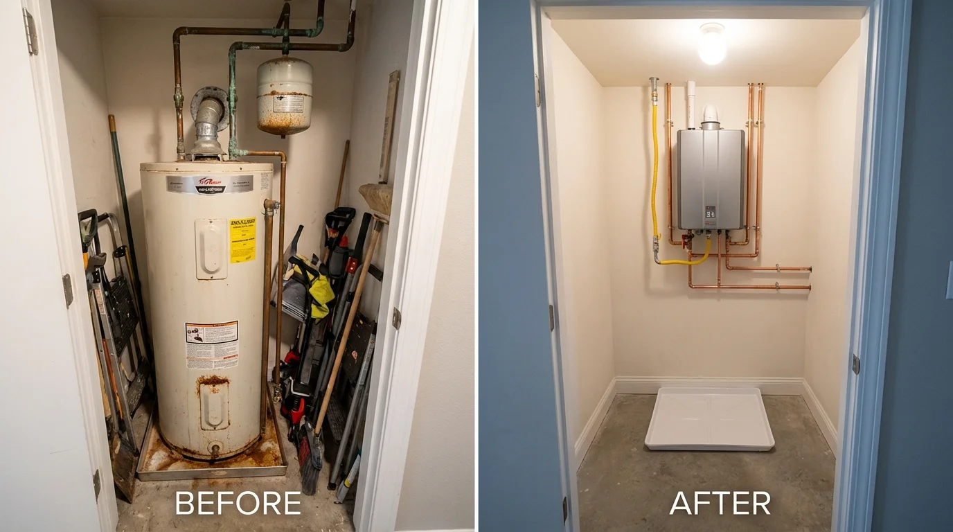 Tank water heater versus wall-mounted tankless unit comparison for Brazoria, TX homeowners