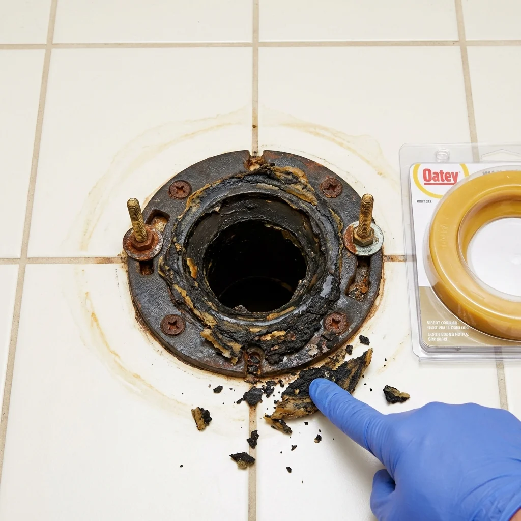 Failed wax ring showing water seepage at the base of a toilet in a Brazoria, TX home